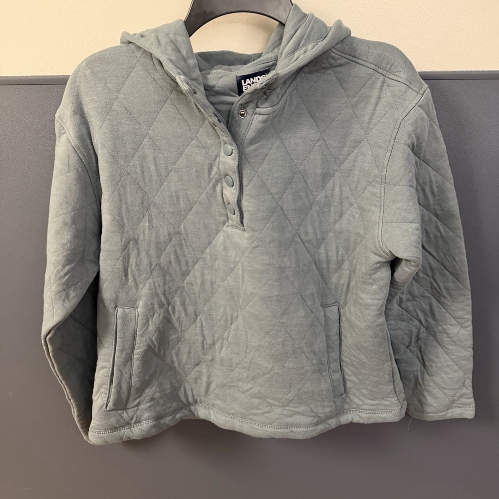 Lands End Women's Quilted Pullover Hoodie Snaps‎ Sage Green Medium 8-10